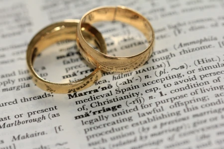 Common-Law marriage. a close-up shot of two golden wedding rings on an open dictionary