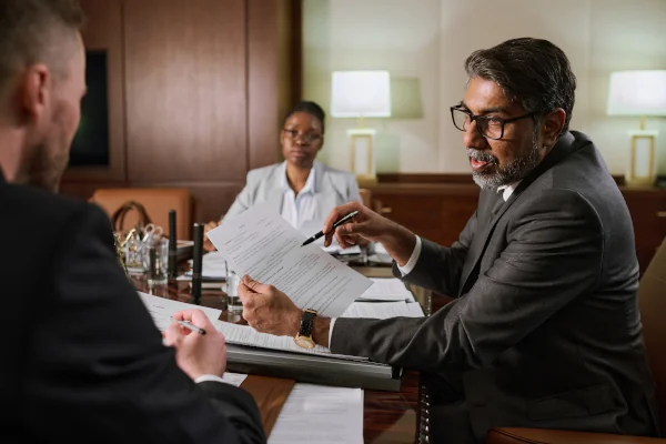 A lawyer leading a mediation session with two clients in a professional office setting, discussing legal documents and settlement terms.